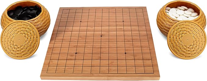 Beginner’s Go Game Set with Reversible Bamboo 13 x 13/9 x 9 Grid Go Board, Bowls, & Single Convex Melamine Stones