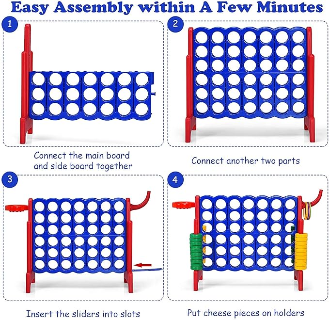 Giant 4 in a Row Connect Game, Jumbo 4 to Score Game Set w/ 42 Chess Rings, Basketball & Hoop, Toss Rings & Quick-Release Lever, Indoor & Outdoor Family Party Game for Kids & Adults, Red