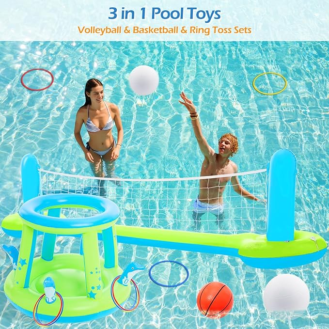 Jasonwell Pool Toys Games Set - 3 in 1 Pool Volleyball Net Basketball Hoop Ring Toss Game Inflatable Floats Water Floating Volleyball Swimming Pools Party Game Accessories Toy Gift Kids Teens Adults