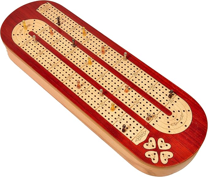 PALM ROYAL HANDICRAFTS 4 Track Wooden Cribbage Board Game Set Inlaid in Blood Wood and Maple Wood with pegs and Cards Storage Available. 4 Player Cribbage Board Game (15 x 5 Inches)