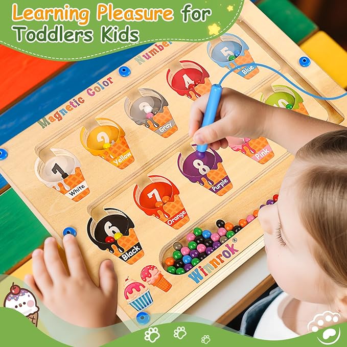 2 in 1 Double Side Magnetic Color and Number Maze, Montessori Magnetic Alphabet Maze Board Toys 3-5 Years Old, Wood Magnet Puzzle Learning Counting Matching Toys for 3 4 5 Todders Kids Girls Boys