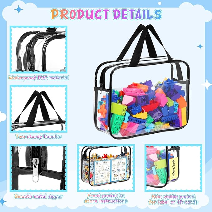 8 Packs Large Toy Storage Bags with Labels&Manual Pocket, Reusable Clear PVC Board Game Storage Bags, Travel Waterproof Organizer Bags with Zipper for Building Blocks, Puzzle, Cosmetic
