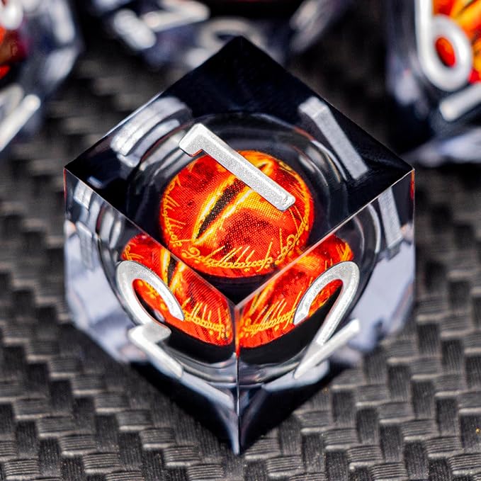 ARUOHHA DND Resin Dice Gazes Eye Dice Liquid Core Flaming RPG Sharp Edged Dice Set with Gift Box, Polyhedral D and D Dice Set Compatible with Dungeons Dragons Role Playing Game D20 D12 D10 D8 D6