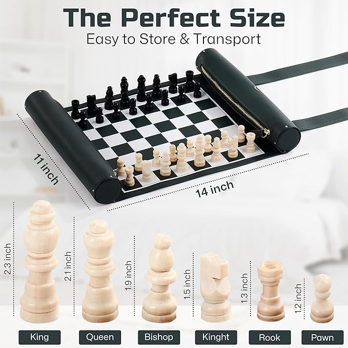 Roll Up Chess Set - 11" Foldable Leather Chess Mat with Wooden Chess Pieces - Portable Travel Chess Set with Straps - Perfect Chess Game for Airplane, Camping, and More (Green)
