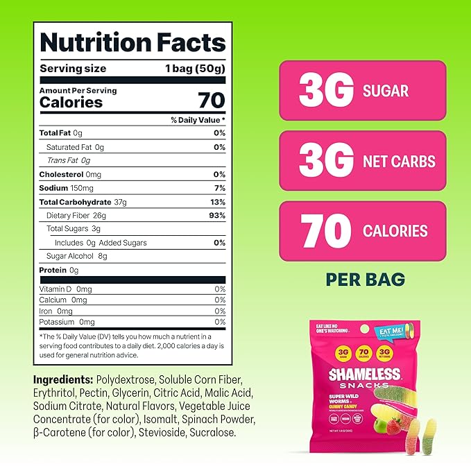 Shameless Snacks - Healthy Low Calorie Snacks, Low Carb Keto Gummies (Gluten Free Candy) - 6 Pack Wild Worms