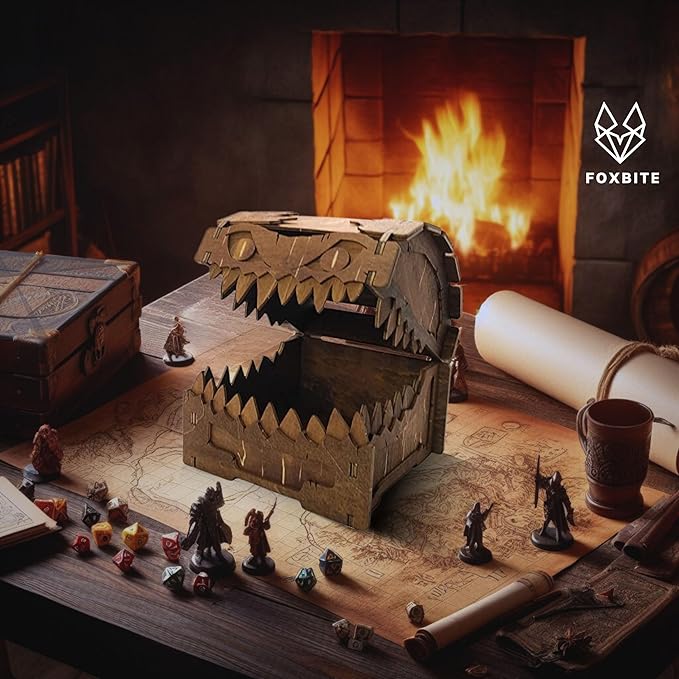 Mimic Chest for Dungeons and Dragons Tower with Tray Wood Laser Etched Cthulhu Portable and Collapsible Dice Roller Perfect for Board Game and Tabletop RPG