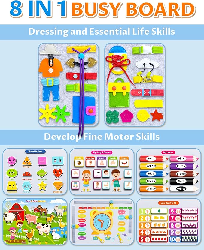 Exorany Busy Board Montessori Toys for Toddler Boy & Girl Birthday Gifts, Busy Book Learning Sensory Toys for Toddlers, Toddler Travel Toy Educational Activities Learn Fine Motor Skills