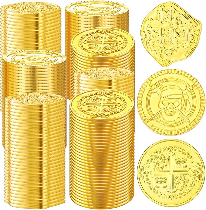 Hanaive 100 Pcs Metal Pirate Coins Bulk Gold Fake Coins Spanish Doubloon Tokens for Kids Board Games Pirate Party Cosplay(Irregular and Round)