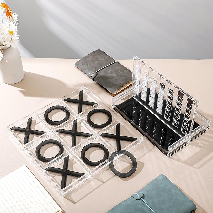 Set of 2 Acrylic Tic Tac Toe and 4 in a Row Classic Board Outdoor Games for Adults and Family Table Strategy Board Games for Living Room Table Guest Room Decor(Black and White)