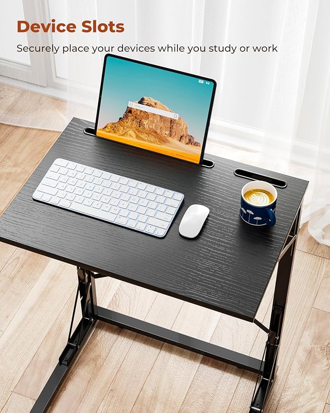 21''Wx28''H Folding TV Tray for Eating, Small Foldable C-Shaped Tray Table with Tablet and Phone Slots, Slide Under Couch Side Table for Recliner, Living Room, Bedroom, Black