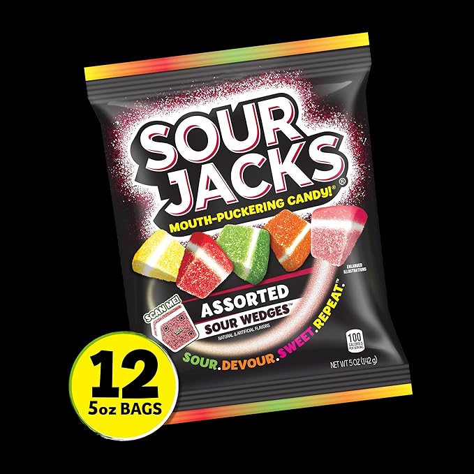 SOUR JACKS, Sour Wedges, Assorted Fruit Flavored Candy, 5oz Bag (12 Pack)