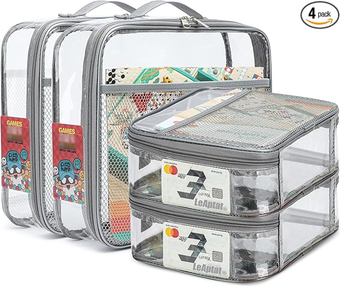 4 Pack Clear PVC Zippered Toy Storage Bags for Toy, Kids Toy, Building Blocks, Puzzle, Clay, Board Game Storage Organizer Travel Waterproof Small Bags With Name Tag Pocket (Gray, L & S)