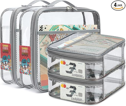 4 Pack Clear PVC Zippered Toy Storage Bags for Toy, Kids Toy, Building Blocks, Puzzle, Clay, Board Game Storage Organizer Travel Waterproof Small Bags With Name Tag Pocket (Gray, L & S)