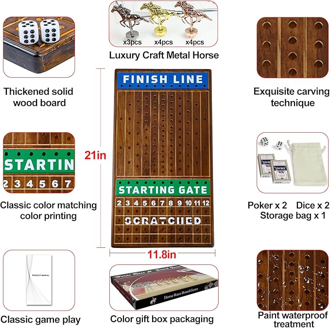 Large 21 inch Finish LINE Horse Racing Board Game is Equipped with 11 Luxury Metalcraft Horses Adult Chessboard Including 2 Dice and 2 Boxes of Cards (Flaming Color)