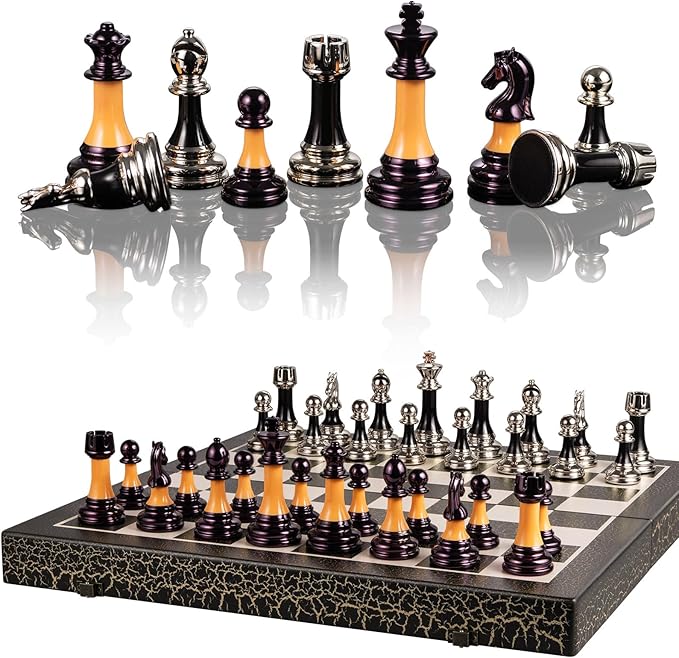 Chess Set 16" Wooden Foldable Black White Chess Board 3.5" Luxury Weighted Acrylic Chess Pieces with Storage Slots for Adults Children Gift Large