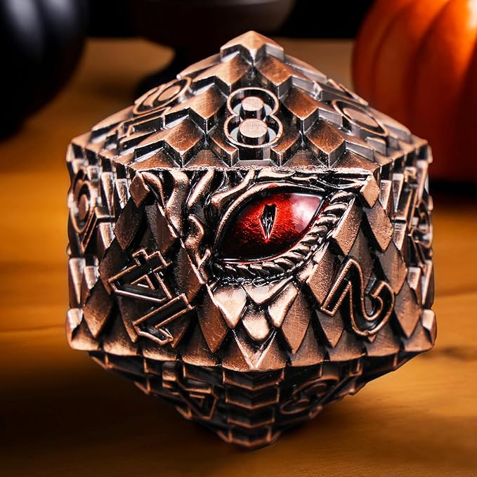 Metal D20 DND Dice Set - Dragon Scale Metallic 20 Sided Giant Polyhedral Dice,35mm Large Dragon Eye Metal D&D Dice Set for Dungeons and Dragon Tabletop Game(Red Copper Dragon Scale)