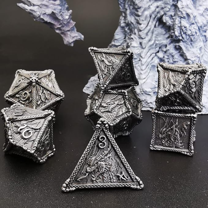 HAOMEJA Metal Dragon Dice Set - 7 Solid Dice for D&D & Dungeons and Dragons (Antique Iron)