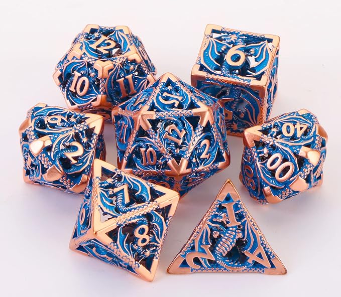 Metal DND Dice Set Dungeons and Dragon Dice Set Hollow Dragon Polyhedral Magic 7 PCS Dice Set with Gift Metal Box for Dungeons and Dragons Table Games Play Cards MTG(Dragon_Pearl Red Copper Blue)
