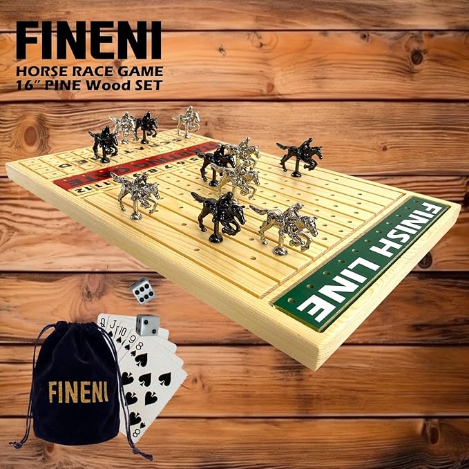 Horse Racing Game for Adults, Luxurious Metal Horses (Silver, Black) on 16' Pine Wood Board, Dice & Card Included