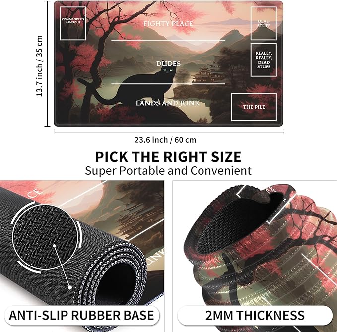 MTG Playmat Stitched with Magic Zone for MTG Card Game Playing, Commander Board Game Desk Mat Duel Mat Card Battles Binder Deck 24x14inches for Beginner, Pink Tree Black Cat