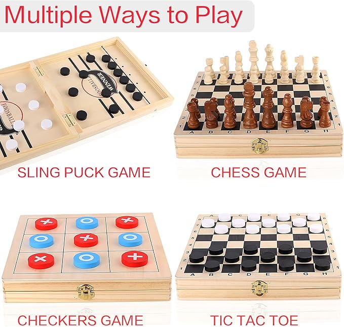 Sling Puck Game, Chess Checkers Game Set, 4 in 1 Board Game, Fast Hockey Table Game, Tic Tac Toe Slingshot Chess Set for Kids
