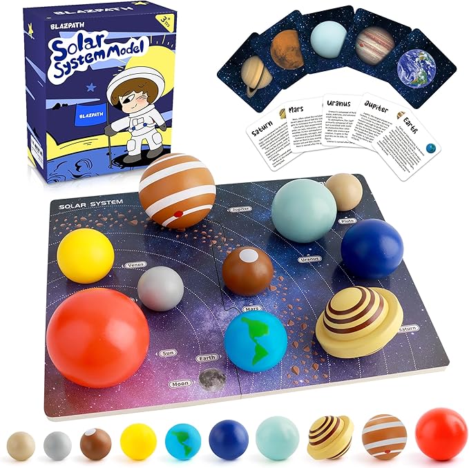 Solar System Wooden Puzzle Toy Model for Kid 3-5, Toddler Montessori Movable Planet Name Board Game, Outer Space Themed Imaginary Sensory Play Gift, Preschool Science Stem Learning Activity