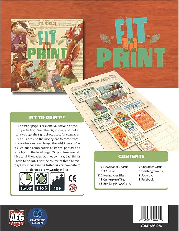 AEG & Flatout Games | Fit to Print | Build your Newspaper! | From the Creators of Cascadia | Easy to Learn | Quick to Play | Ages 10+ | For 1-6 Players