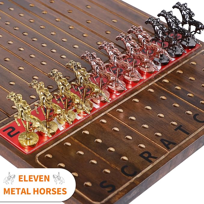 Horse Race Board Game with 11 Luxurious Durable Classic Metal Horses with 4 Dice and 2 Boxes of CardsThickened Solid Wood Horse Racing Dice Game (Rustic Brown)