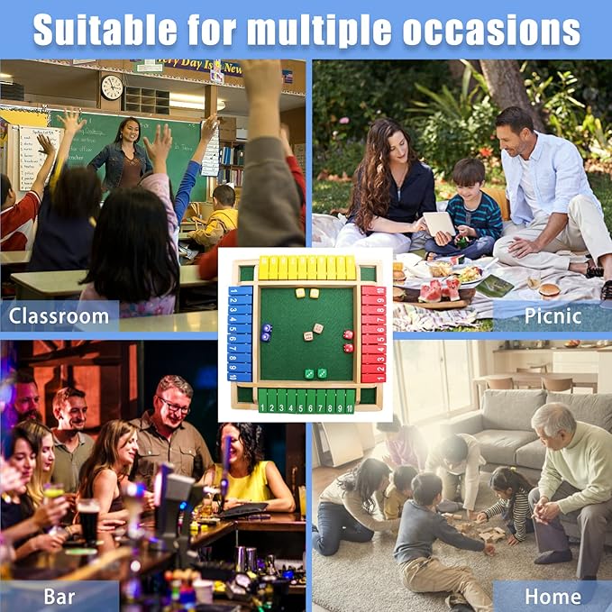 Shut The Box Dice Game-12 in Colorful Design 1-4 Players-10 Dice-Gift Package, Wooden Board Table Math Games for Adults Kids, Classics Tabletop Version and Pub Board Game