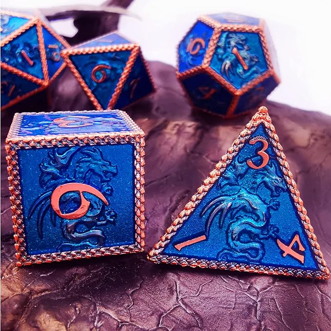 HAOMEJA Dungeons and Dragons Dice Metal Dragons Dice Set DND D&D Dice RPG Games (Glitter Red Copper Blue)