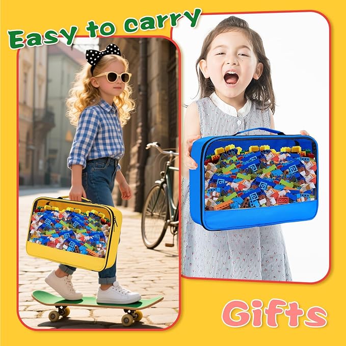 4 PCS Toy Storage Bags, Clear Toy Organizer Bags, Toy Bag with Visible Top& Handle, Portable Travel Case for Building Blocks, Toys, Puzzles, Dolls,Crafts, Magnetic Tiles