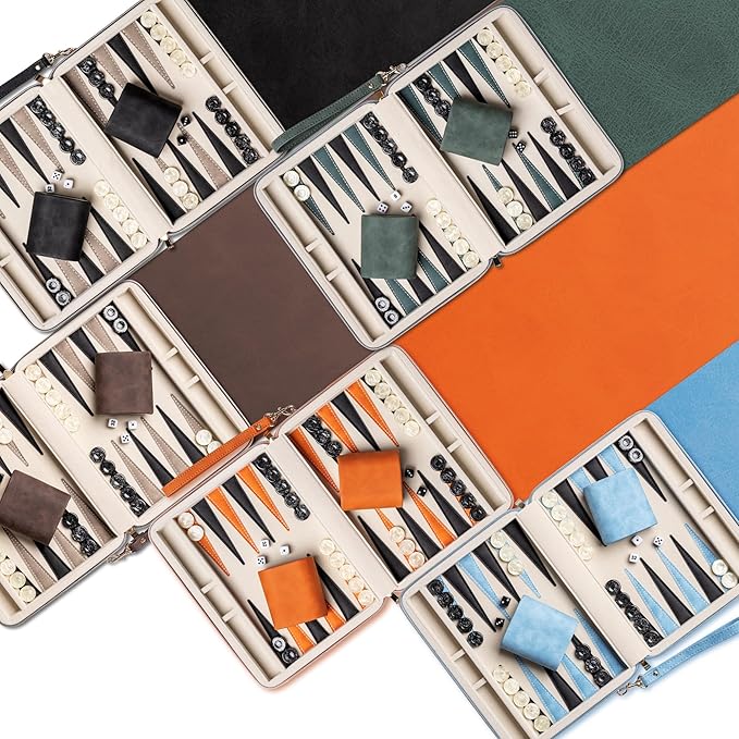 Backgammon Sets for Adults, Classic Board Game with Folding Leather Backgammon Case, Portable Travel Backgammon Game Set (Blue)