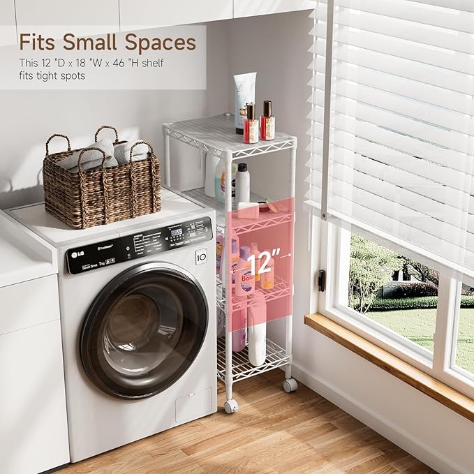 4 Tier Adjustable Storage Shelves,Heavy Duty Metal Utility Shelf Wire Shelving Unit Organizer Rack for Home Kitchen Office Bathroom Pantry Room 12" D x 18" W x 44.5" H