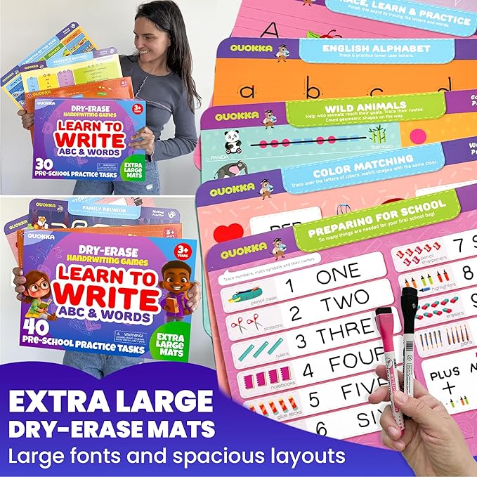 QUOKKA Busy Book Handwriting Practice for Kids - 2 Set - Learn to Write for Toddlers Age 3 4 5 - | 24 Tasks | 4 Dry Erase Markers | - Homeschool Preschool Learning Activities