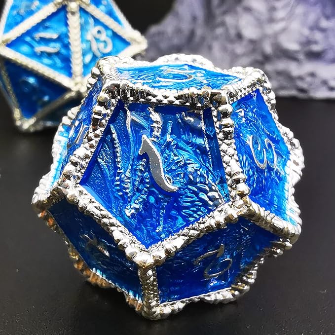 HAOMEJA Metal Dragon Dice Set DND 7 Set Dice Role Playing Dice D&D Dungeons and Dragons (Silver Blue)