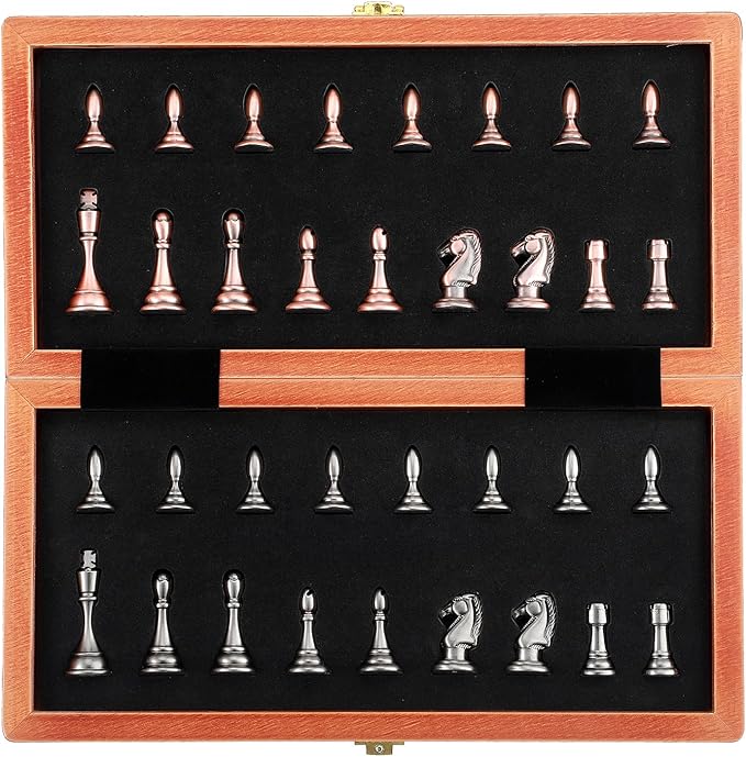 12-Inch Metal Chess Set Pieces – Wooden Chess Board Set Folding Travel Chess Sets,Metal Bronze & Silver Chessmen, Bonus 2 Extra Queens, Portable and Durable Classic Chess Game for Kids and Adults