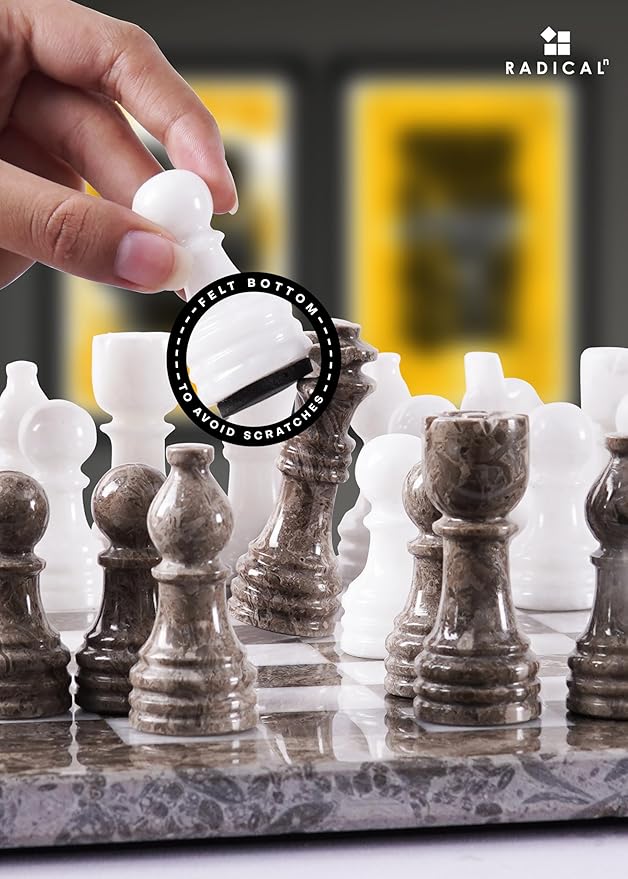 Radicaln Marble Chess Set 12 Inches Grey Oceanic and White Handmade Chess Sets for Adults - Travel Board Game for 2 Player Games - 1 Chess Board & 32 Chess Pieces - Chess Game