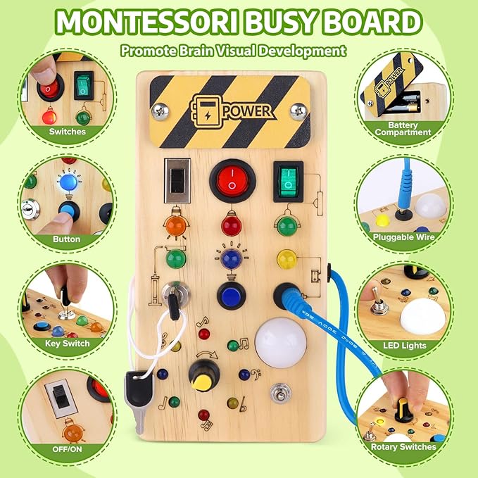 Busy Board with led Light， Sorting Sensory Travel Toys for Toddlers 1-3， Wooden Toddler Busy Board Montessori Toys for 1+ Year Old