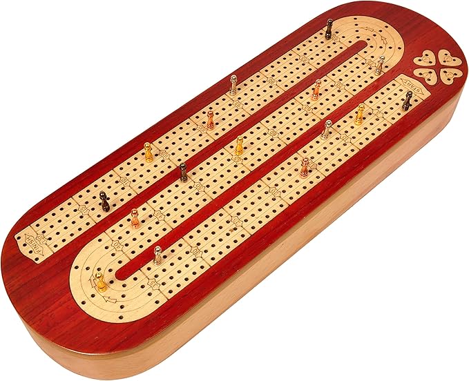 PALM ROYAL HANDICRAFTS 4 Track Wooden Cribbage Board Game Set Inlaid in Blood Wood and Maple Wood with pegs and Cards Storage Available. 4 Player Cribbage Board Game (15 x 5 Inches)