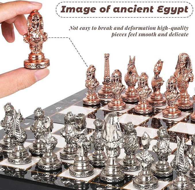 Large Egyptian Metal Chess Set for Adults with Travel Foldable Marbling 15-Inch Chess Board - Weighted Metal Chess Pieces- Luxurious Chess Sets for Collectors Family Vintage Board Game