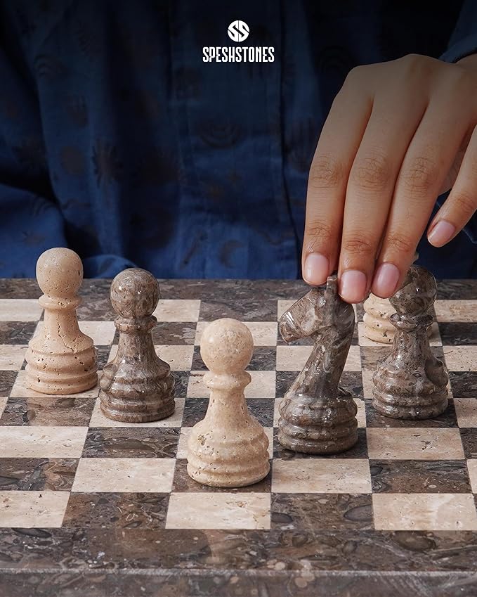 Marble Chess Set 15 Inch Oceanic & Travertine Checkers Board Game with Pieces, 2 Extra Queens and Storage Box, Strategy Set for Adults & Family, Travel, Tabletop Play