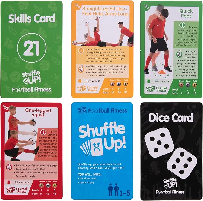 Shuffle Up Soccer Card Games - 70+ Fun & Active Skills Cards for Kids, Fitness Cards Develop Fundamentals, Stamina & Strength, Easy to Play for Kids | Multiple Skill Level Cards Include 2 Dices