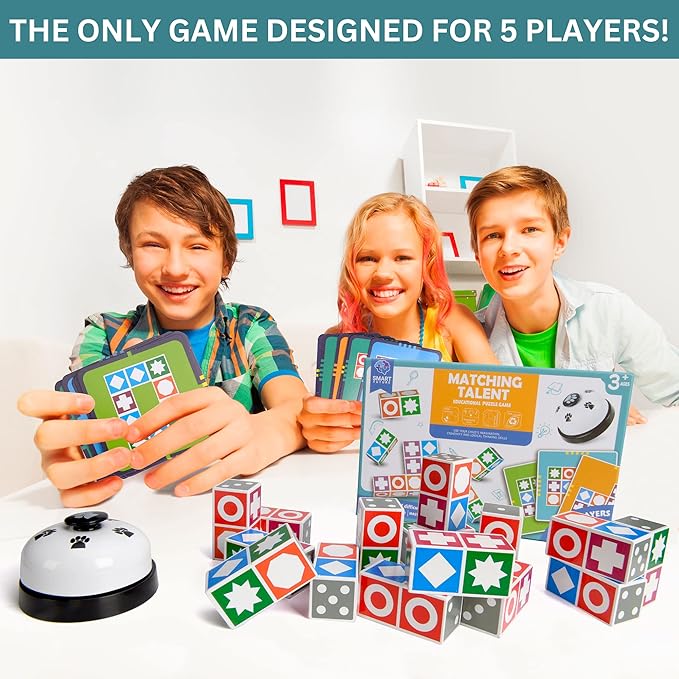 Funtactics Wooden Matching Game Puzzle 3.0 Games, Pattern Block Match Puzzles Building Cubes with Bell for Kids and Adults Toys Board Games for Family Night 5 Players