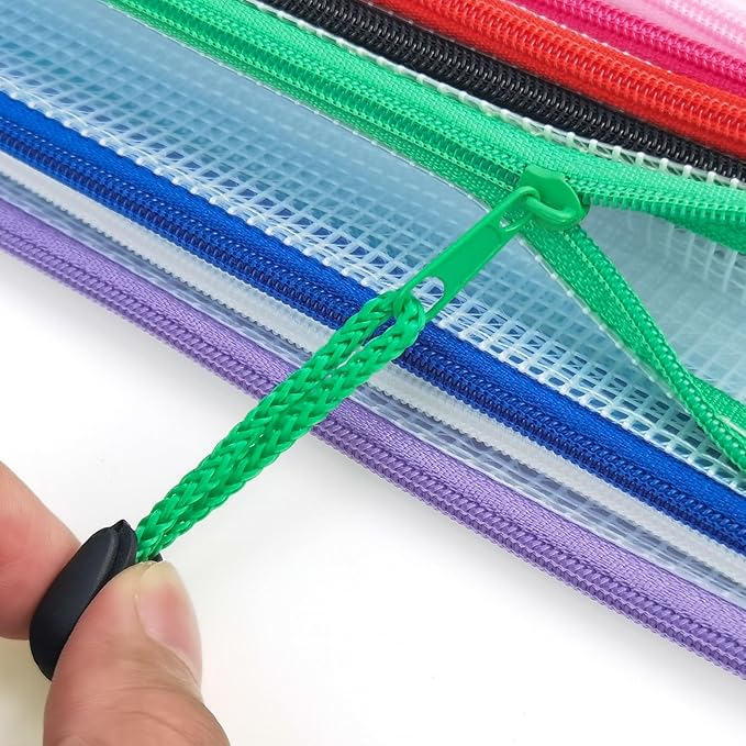AUSTARK Plastic Mesh Zipper Pouch, 12Pcs Zipper File Bags with Label Pocket, Game Boards Storage Bags, Waterproof Document Storage Bags for Office Home Travel Cosmetic (A6 Size 6.3x4.7 in)