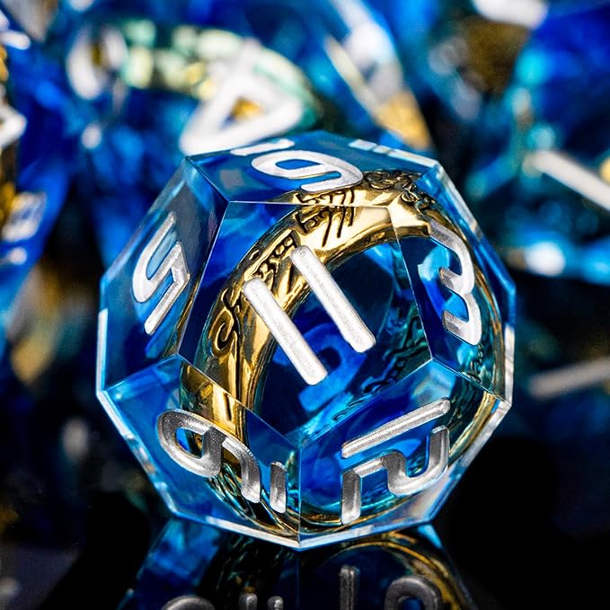 Magic Golden Ring DND Dice Set with Dice Box, Blue Resin Sharp Edge D and D Dice for use with D&D Tabletop Games Handmade Lord Polyhedral Dice Set D20 D12 D10 D8 D6 D4