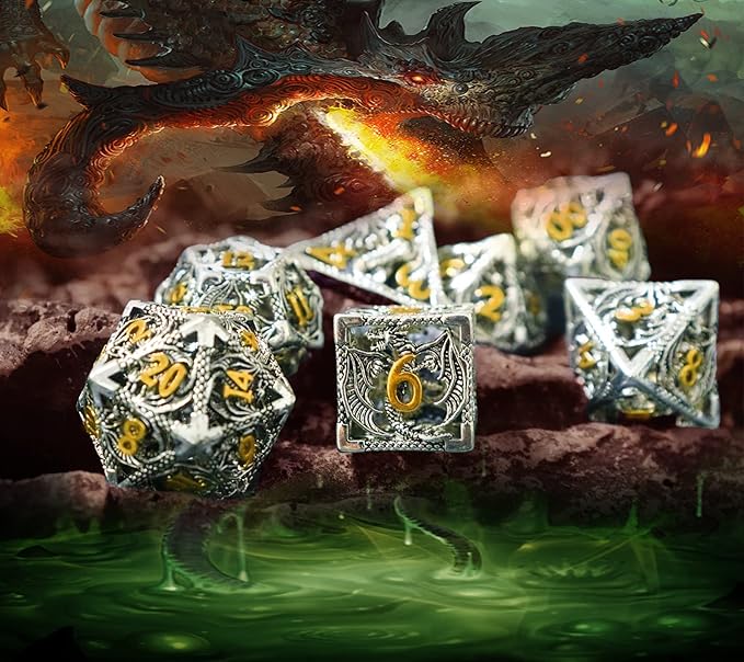 Metal DND Dice Set Dungeons and Dragon Dice Set Hollow Dragon Polyhedral Magic 7 PCS Dice Set with Gift Metal Box for Dungeons and Dragons Table Games Play Cards MTG(Dragon_Ancient Silver and Gold)
