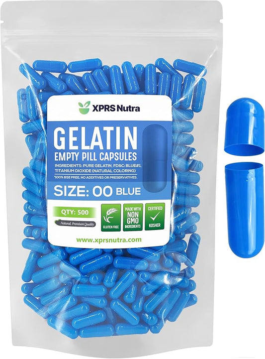 XPRS Nutra Size 00 Empty Capsules - 500 Count Empty Gelatin Capsules - Pills DIY Capsule Filling - Fillable Pill Gel Caps for Do-It-Yourself Supplements (Blue)