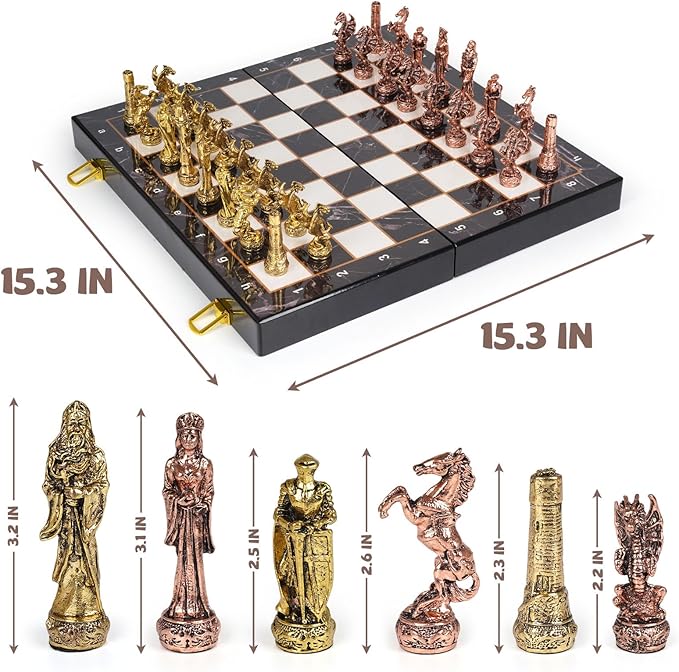 Large Vintage Metal Chess Set for Adults and Kids – Marbling Chess Board with Metal Chess Pieces 15" Travel Chess Set with Metal Chessmen – Collectible Elegant Chess Game – Family Vintage Board Game