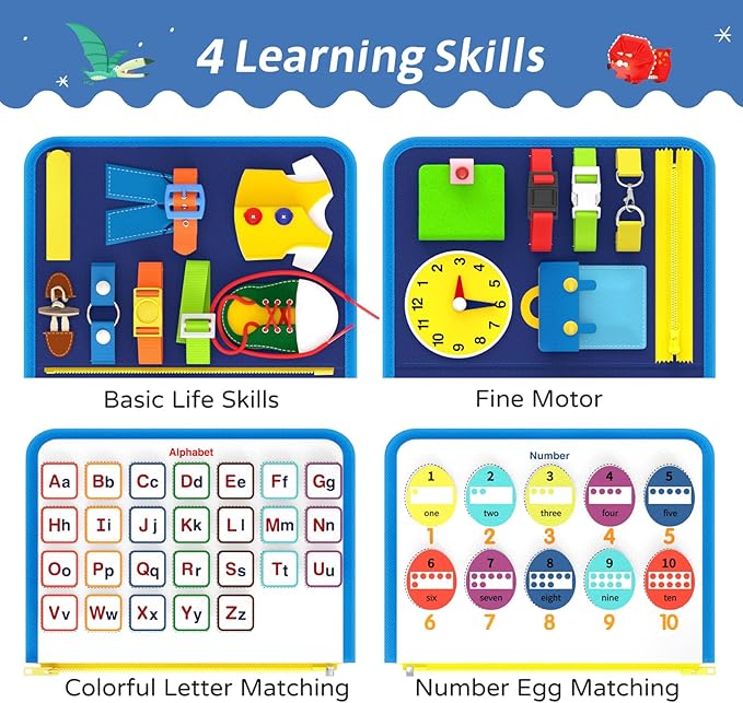 Busy Board Sensory Toys for Toddlers 1 2 3 4, Toddler Travel Activities Educational Toys, Montessori Toys for 2 3 4 Year Old Boys Girls Gift, Little Dinosaur