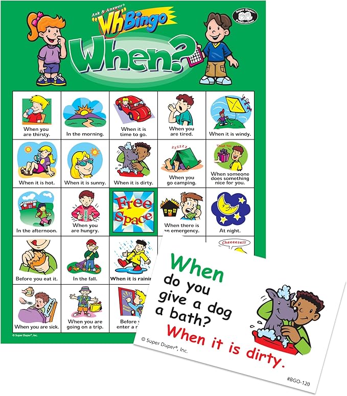 Super Duper Publications | Ask & Answer® Wh Bingo Board Game | Comprehension, Verbal, and Communication Skills | Who, What, Where, When, and Why Questions | Educational Resource for Children